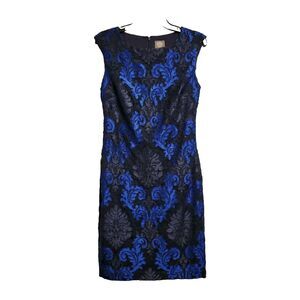 Vince Camuto Sheath Dress Size 6 Lace Brocade Overlay Sleeveless Two Tone Blue